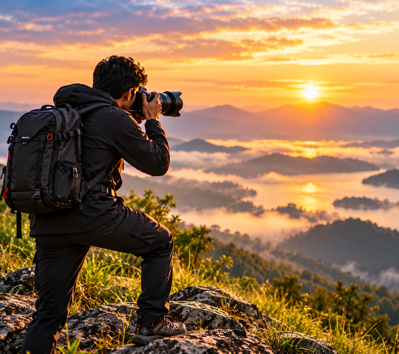 Home photographer at a misty mountain sunset